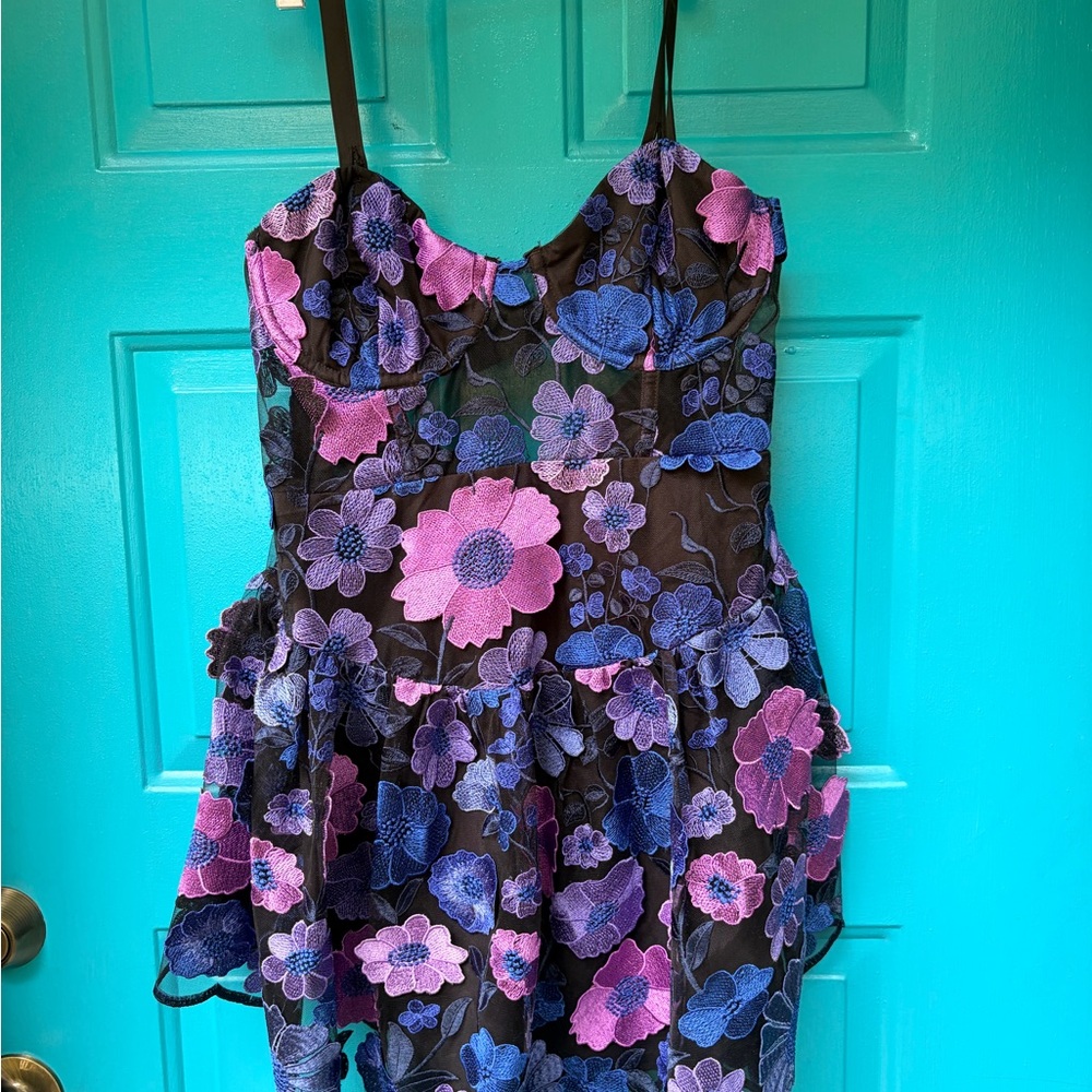 FLAWED For Love & Lemons Black Peplum with Blue and Purple Floral Appliqué